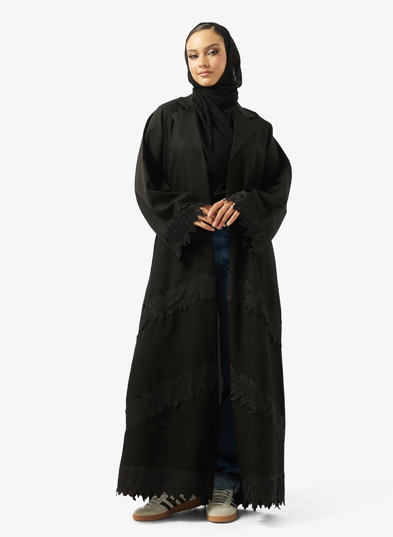 hayas closet Black Abaya with Lace details & Sheila - Image 1